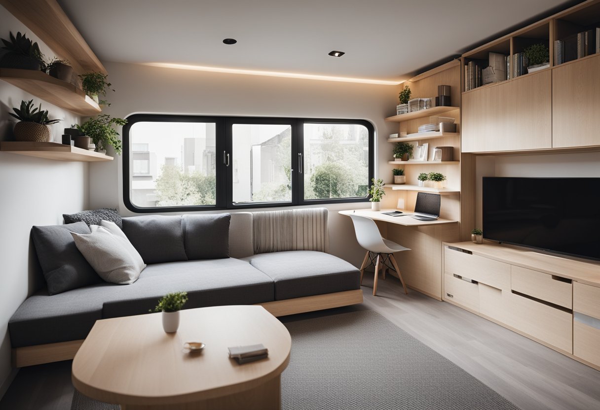 A compact living room with a fold-out table, wall-mounted shelves, and a lofted bed above. Clever storage solutions and minimalistic decor create a sense of spaciousness in the tiny home