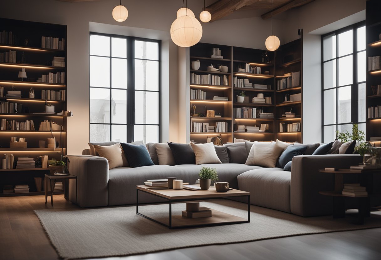 A cozy living room with a modern, minimalist design. A large cross hangs on the wall, surrounded by shelves of religious books and decor. Comfortable seating and soft lighting create a welcoming atmosphere