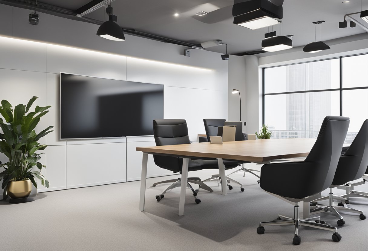 A modern, sleek office space with minimalist furniture, natural lighting, and pops of color. A large presentation screen displays an interior design ppt template