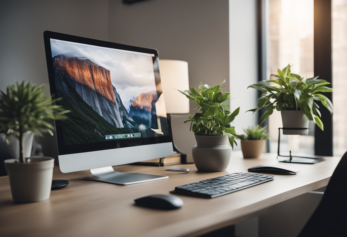 A modern office desk with a computer, potted plant, and design books. Clean, minimalist aesthetic with neutral colors and natural light