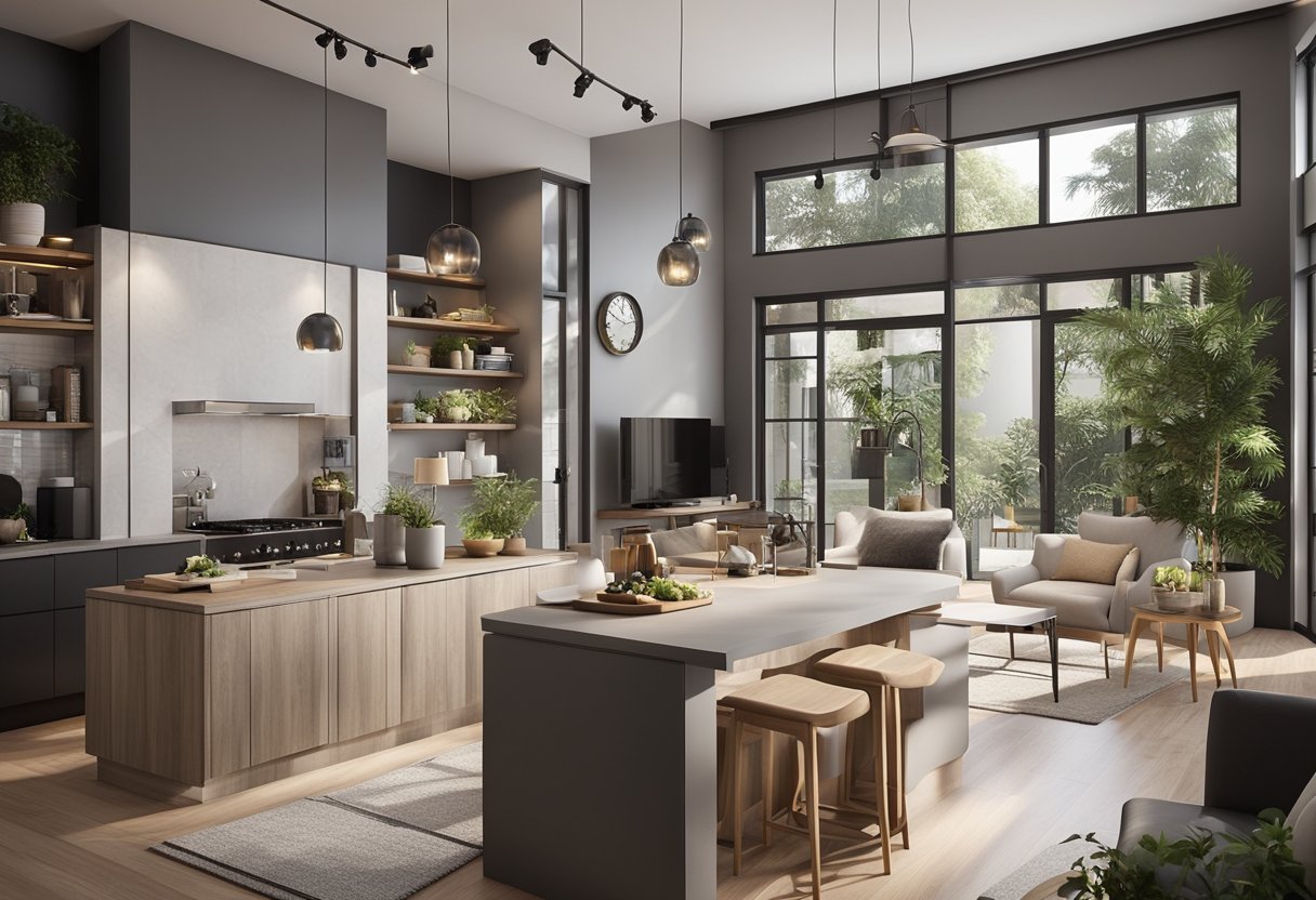 A 3D rendering of a 2-bedroom house with modern design, featuring a spacious living area, open kitchen, and cozy bedrooms with ample natural light