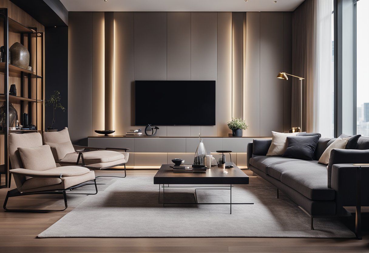 A modern living room with sleek furniture, warm lighting, and abstract art on the walls