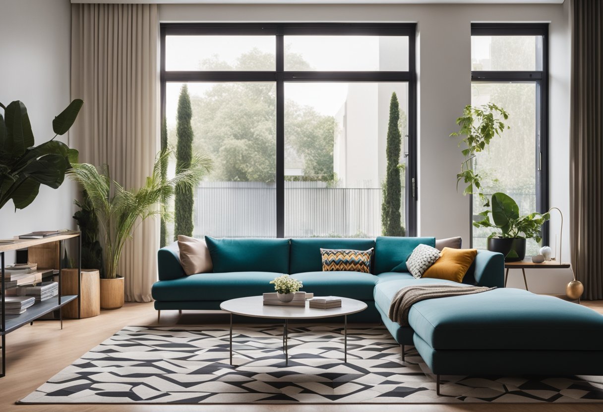 A modern living room with bold geometric patterns, sleek furniture, and pops of vibrant color. A large window lets in natural light, highlighting the clean lines and minimalist aesthetic