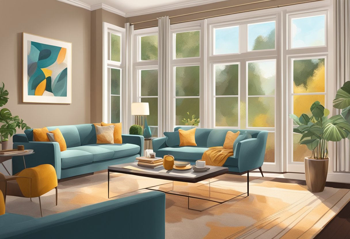 A cozy living room with a plush sofa, warm lighting, and a stylish coffee table. A large window lets in natural light, and colorful artwork adorns the walls