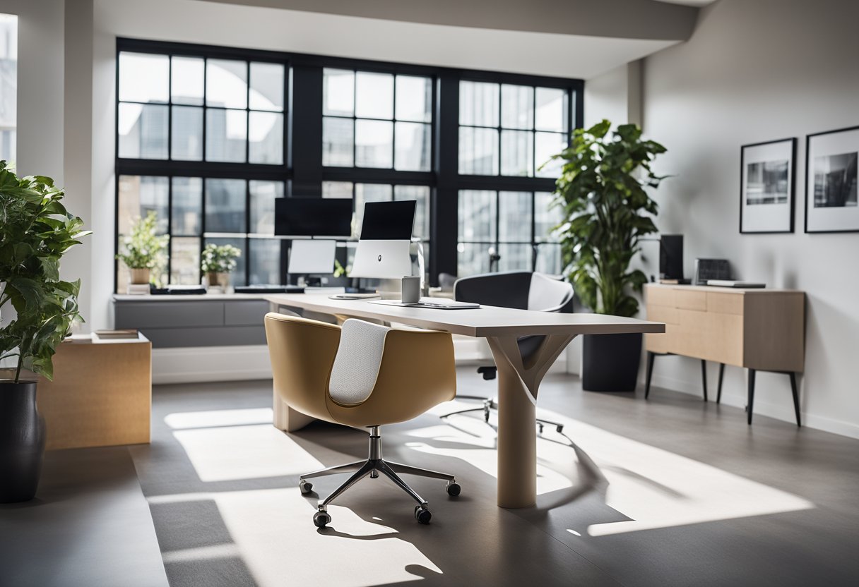 A sleek, modern office space with a desk, computer, and design samples. Bright natural light streams in through large windows, highlighting the clean lines and stylish decor