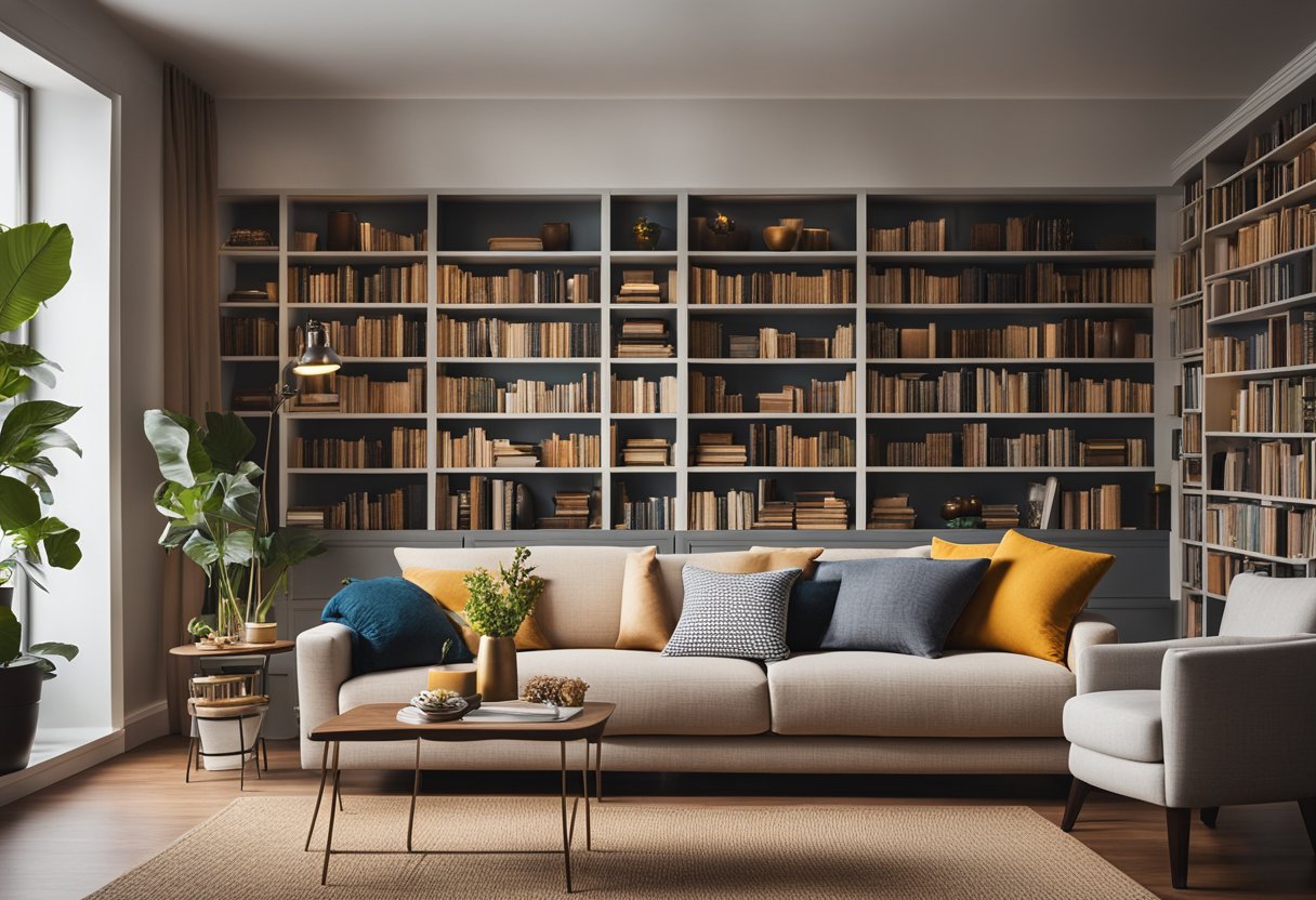 A cozy living room with modern furniture, warm lighting, and vibrant accent colors. A large bookshelf filled with books and decorative items sits against one wall, while a comfortable sofa and armchair invite relaxation