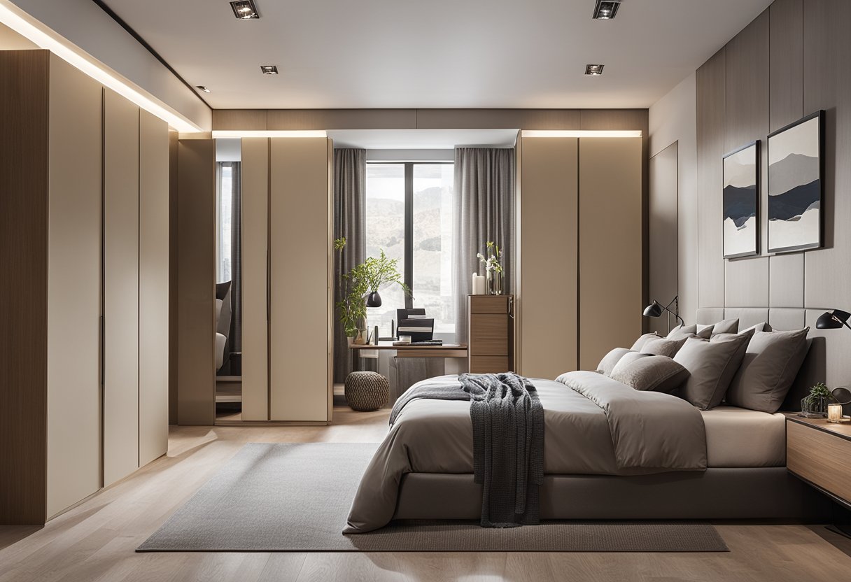 A spacious bedroom with three sleek, modern wardrobe designs against a neutral-colored wall. Each wardrobe features unique door styles and handles, adding visual interest to the room