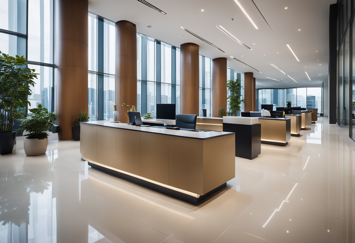 A spacious office lobby with modern furniture, a sleek reception desk, and large windows letting in natural light. A mix of neutral and bold colors create a professional and inviting atmosphere