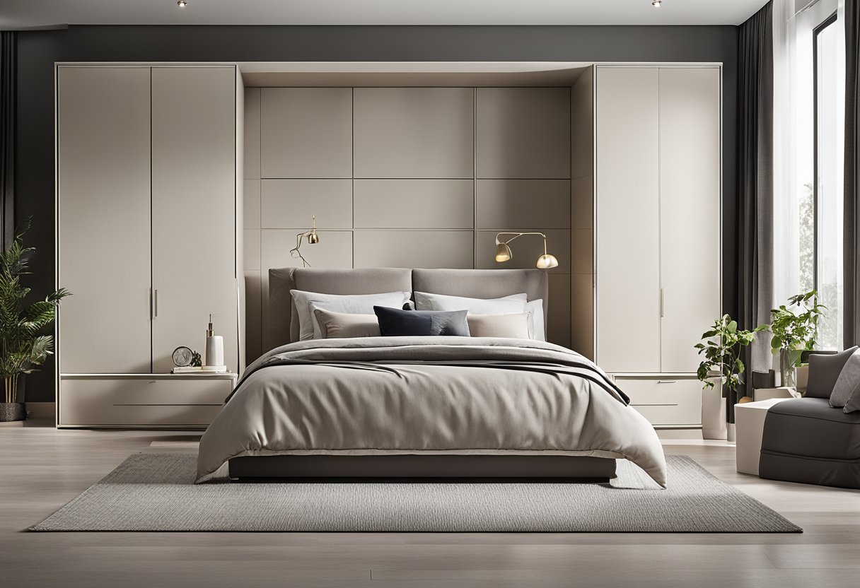 A spacious bedroom with a modern 3-door wardrobe. Sleek, clean lines and ample storage space. Neutral color palette with a touch of elegance