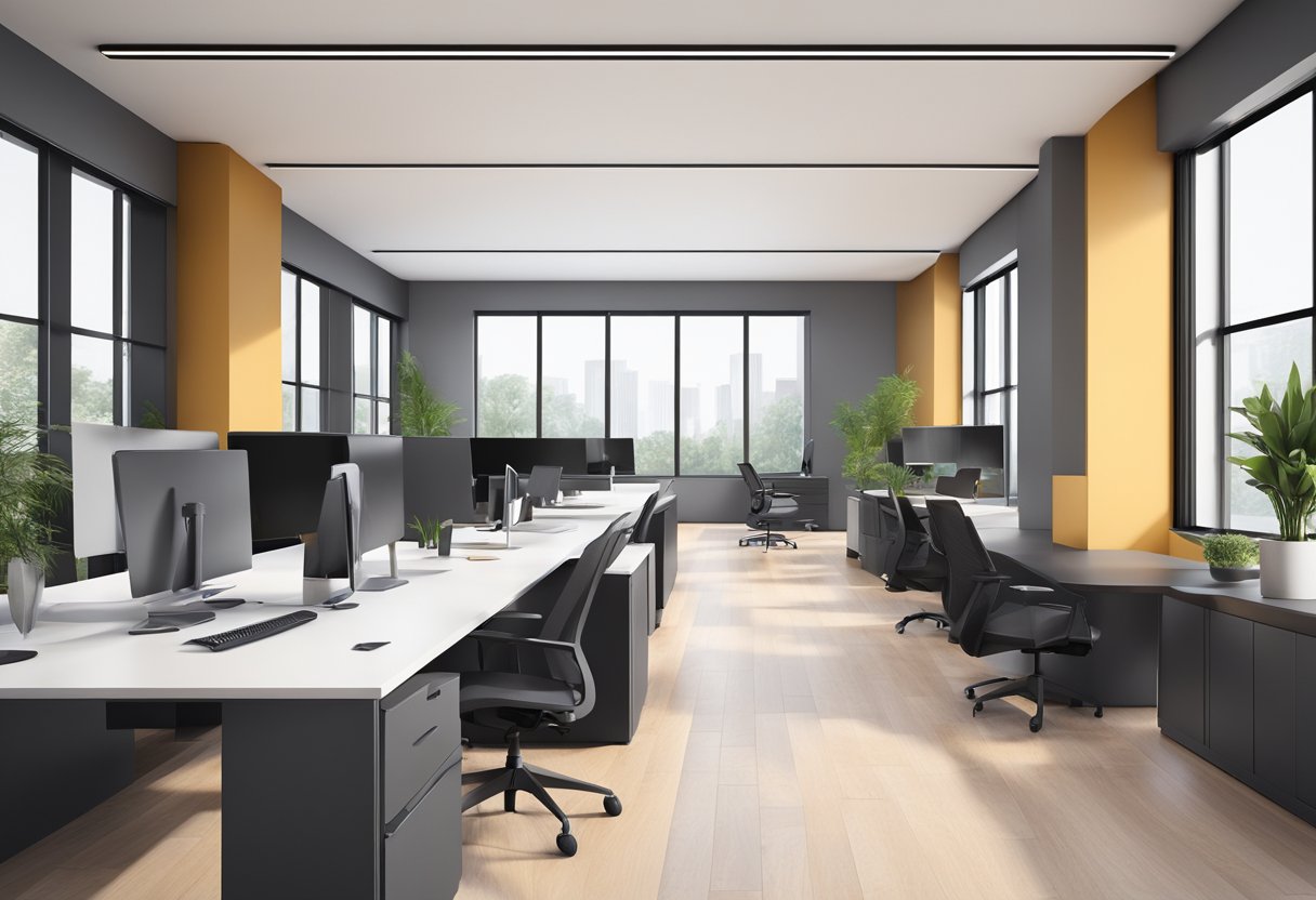 A modern office space with sleek, integrated technology and a mix of natural and industrial materials. Clean lines and minimalist design create a sophisticated and functional environment