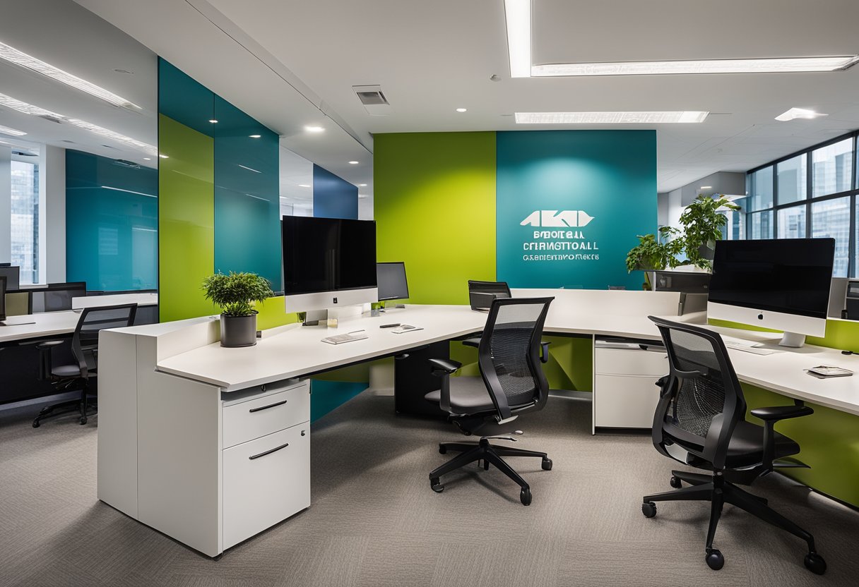 A modern, open-concept office with sleek furniture, vibrant accent walls, and ample natural light. The space is designed to foster collaboration and productivity