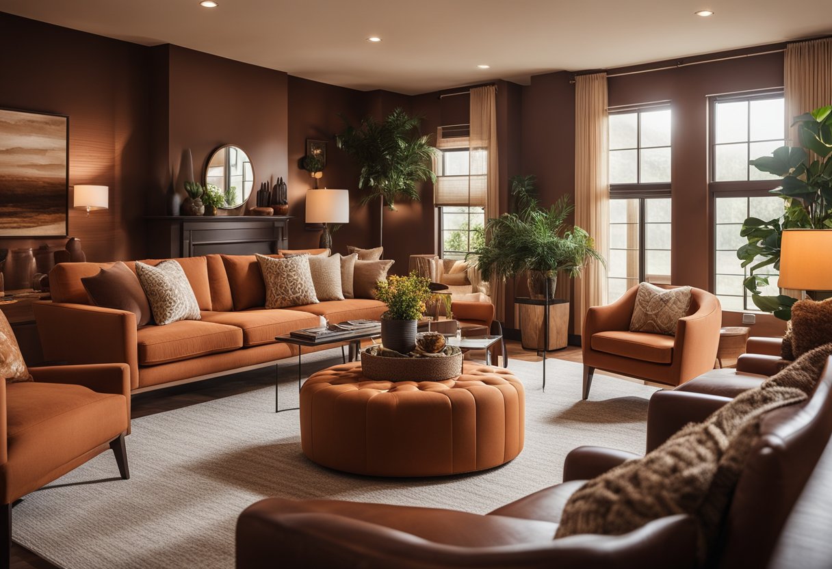 A cozy living room with warm-colored walls, earthy-toned furniture, and soft, ambient lighting. Rich reds, oranges, and browns create a welcoming and comfortable atmosphere