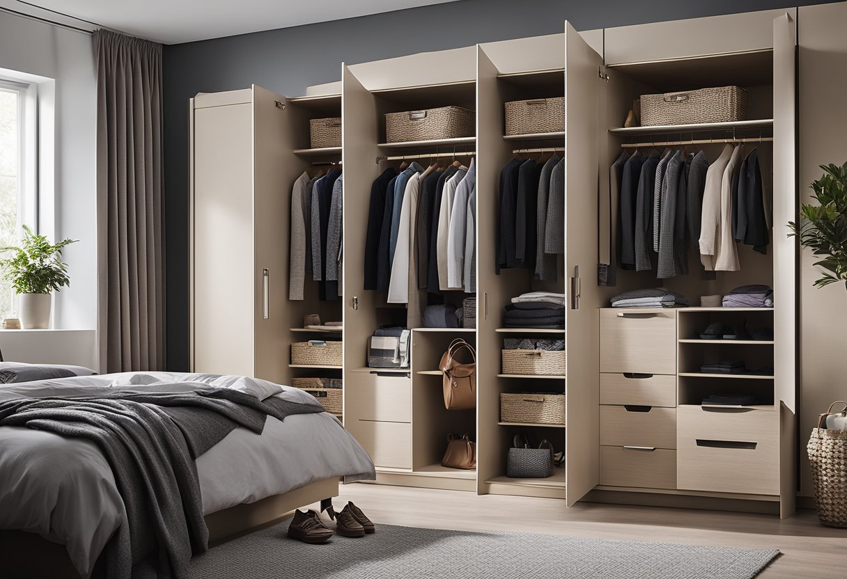 A modern bedroom with a sleek 3-door wardrobe, filled with organized clothing and accessories. A shopping bag and planner sit nearby, indicating a thoughtful and intentional approach to wardrobe planning and purchasing