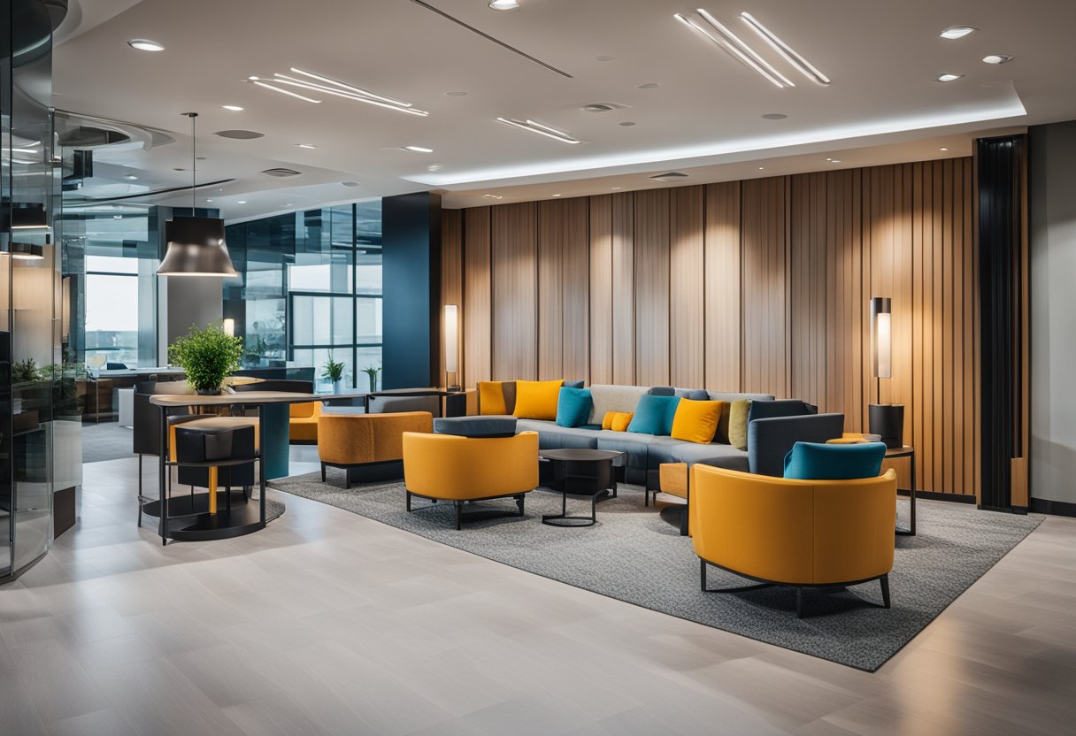 A modern commercial interior with sleek furniture, vibrant color accents, and a welcoming reception area