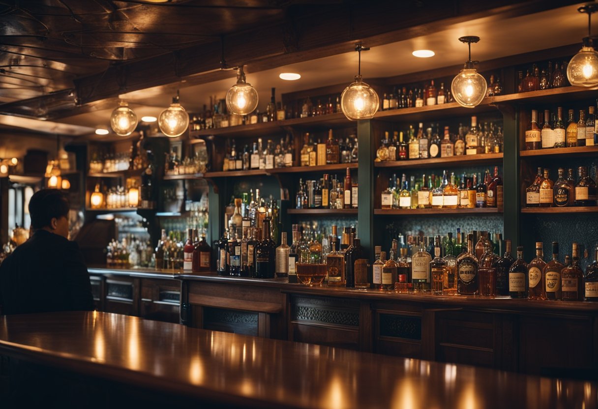 The bar is cozy with warm lighting, a mix of high and low tables, and a small, well-stocked bar. The walls are adorned with vintage posters and shelves display an array of liquor bottles