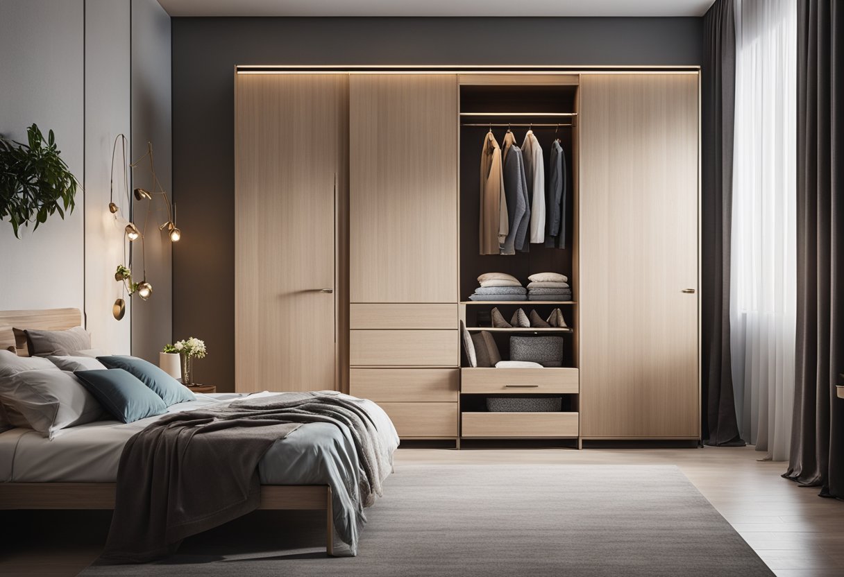 A modern 3-door wardrobe stands in a cozy bedroom, with sleek design and ample storage space