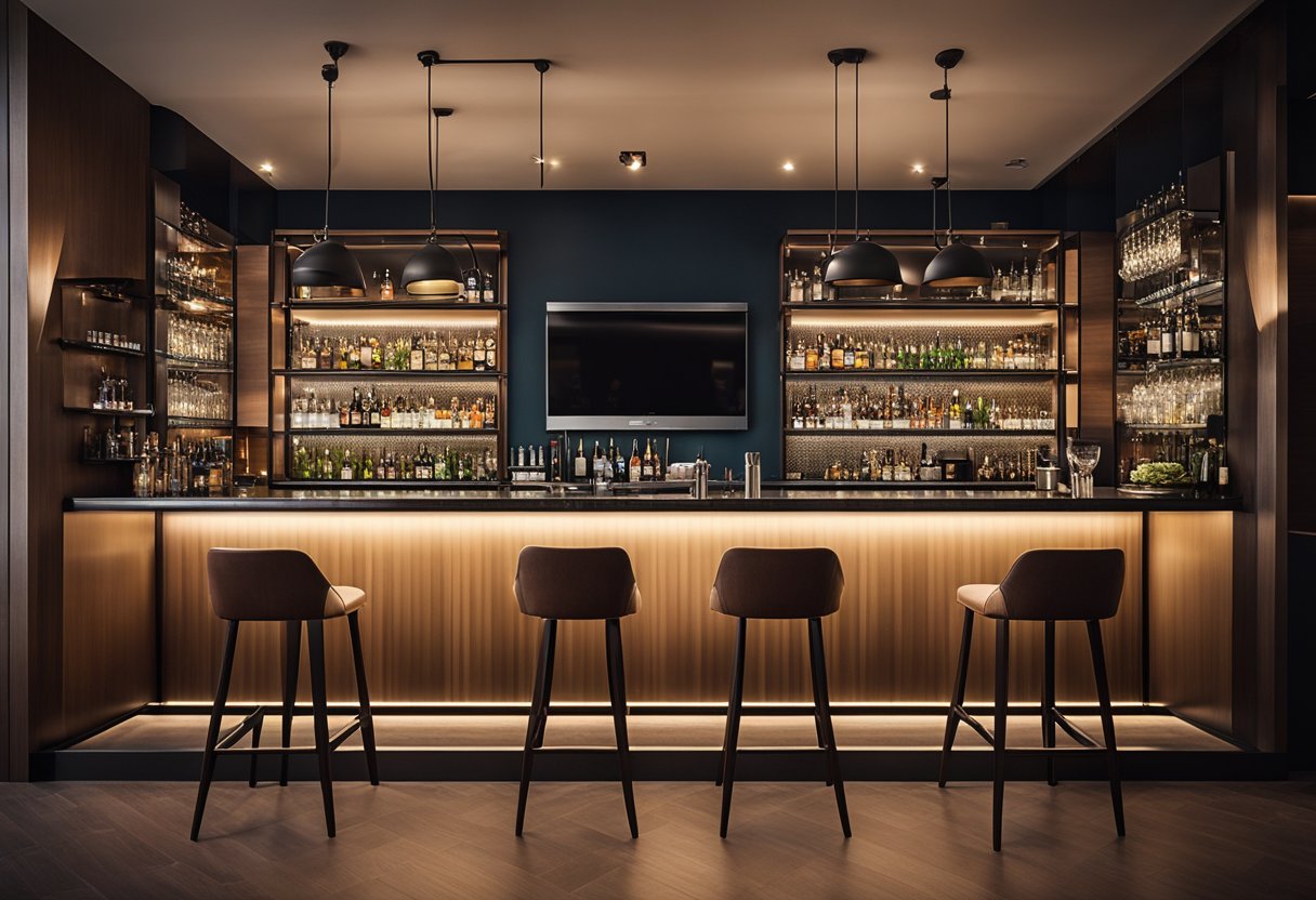 The bar interior features a smart bar design, maximizing space with efficient storage and sleek, space-saving furniture