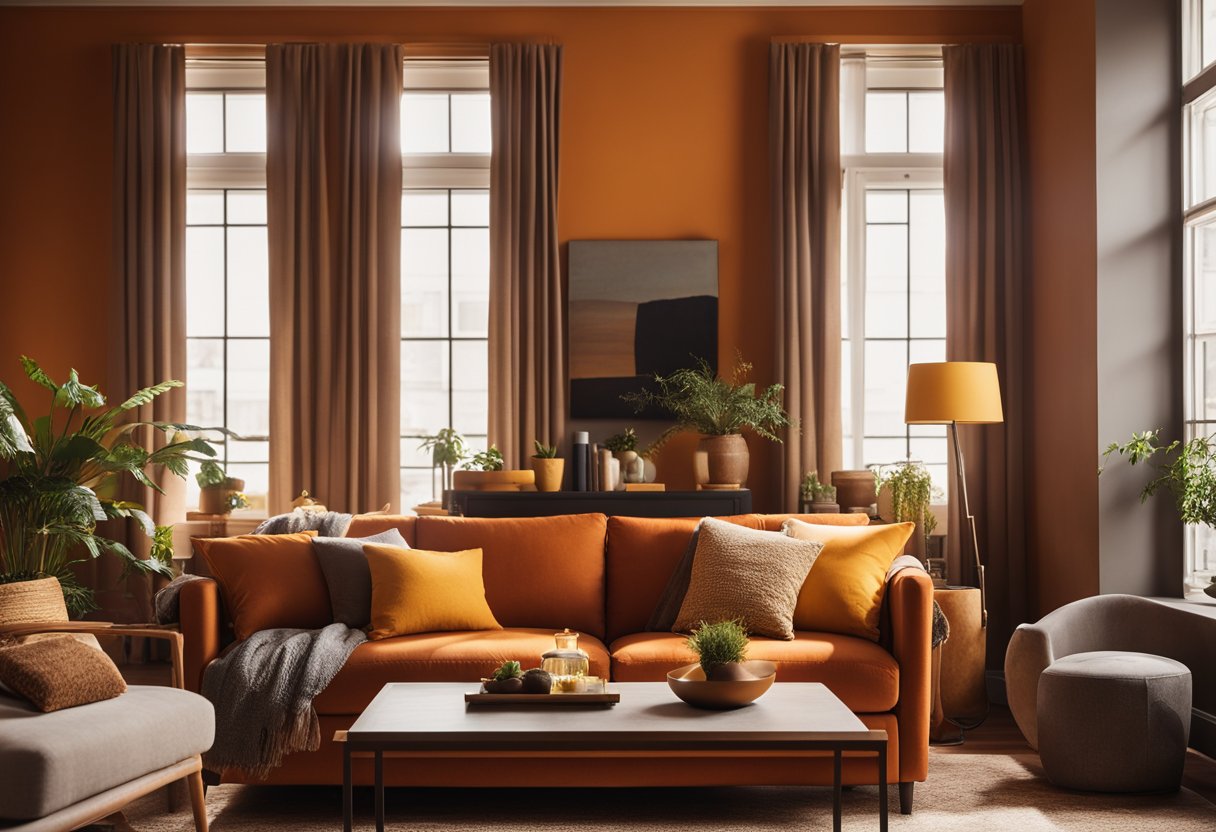 A cozy living room with warm red and orange walls, a soft brown sofa, and golden yellow accent pillows. Sunlight streams in through the window, casting a warm glow over the room