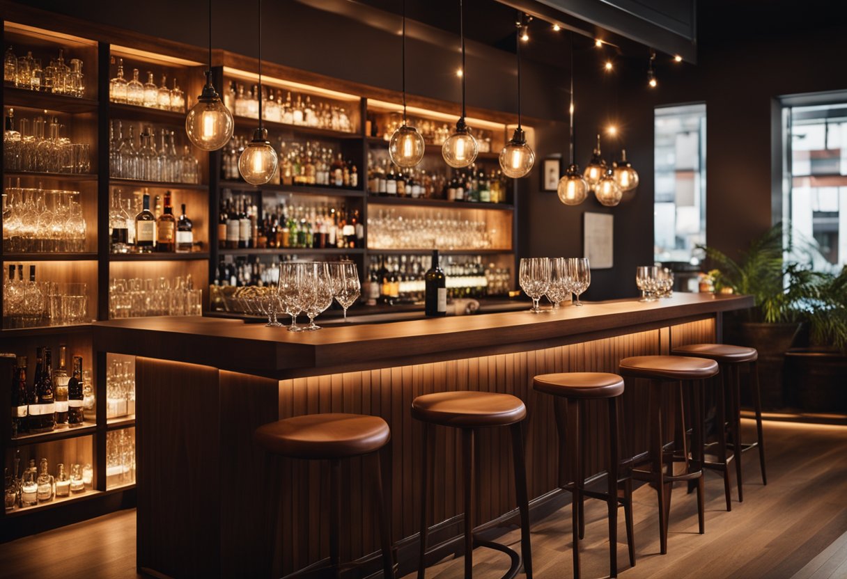 A cozy small space bar with warm lighting, wooden bar stools, and a sleek, minimalist design. A small but well-stocked bar is the focal point, with shelves of liquor and stylish glassware