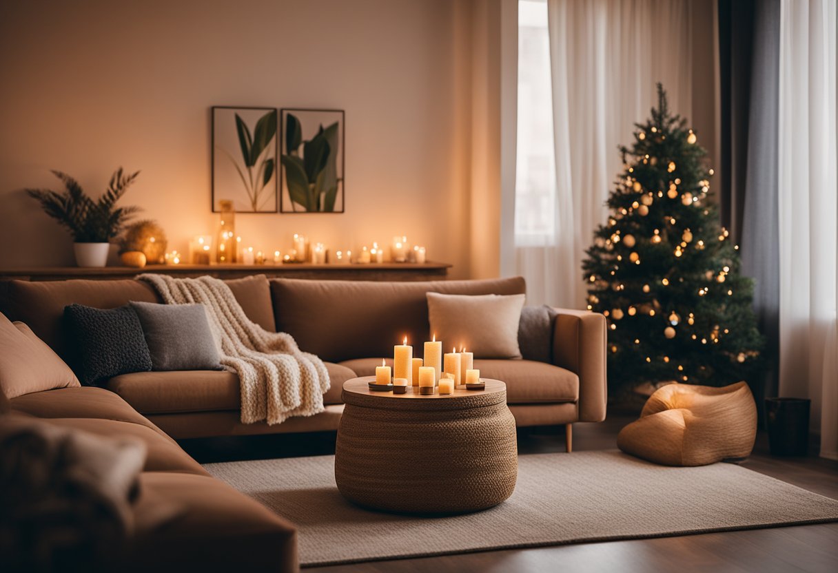 A cozy living room with a warm color palette, featuring a plush sofa, soft throw blankets, and glowing candles, creating a welcoming and inviting atmosphere