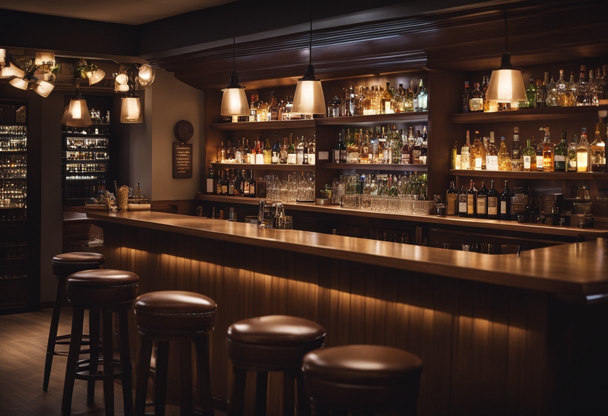 The small bar is cozy with warm lighting, a compact counter, and shelves filled with liquor. Tables and chairs are arranged for intimate conversations