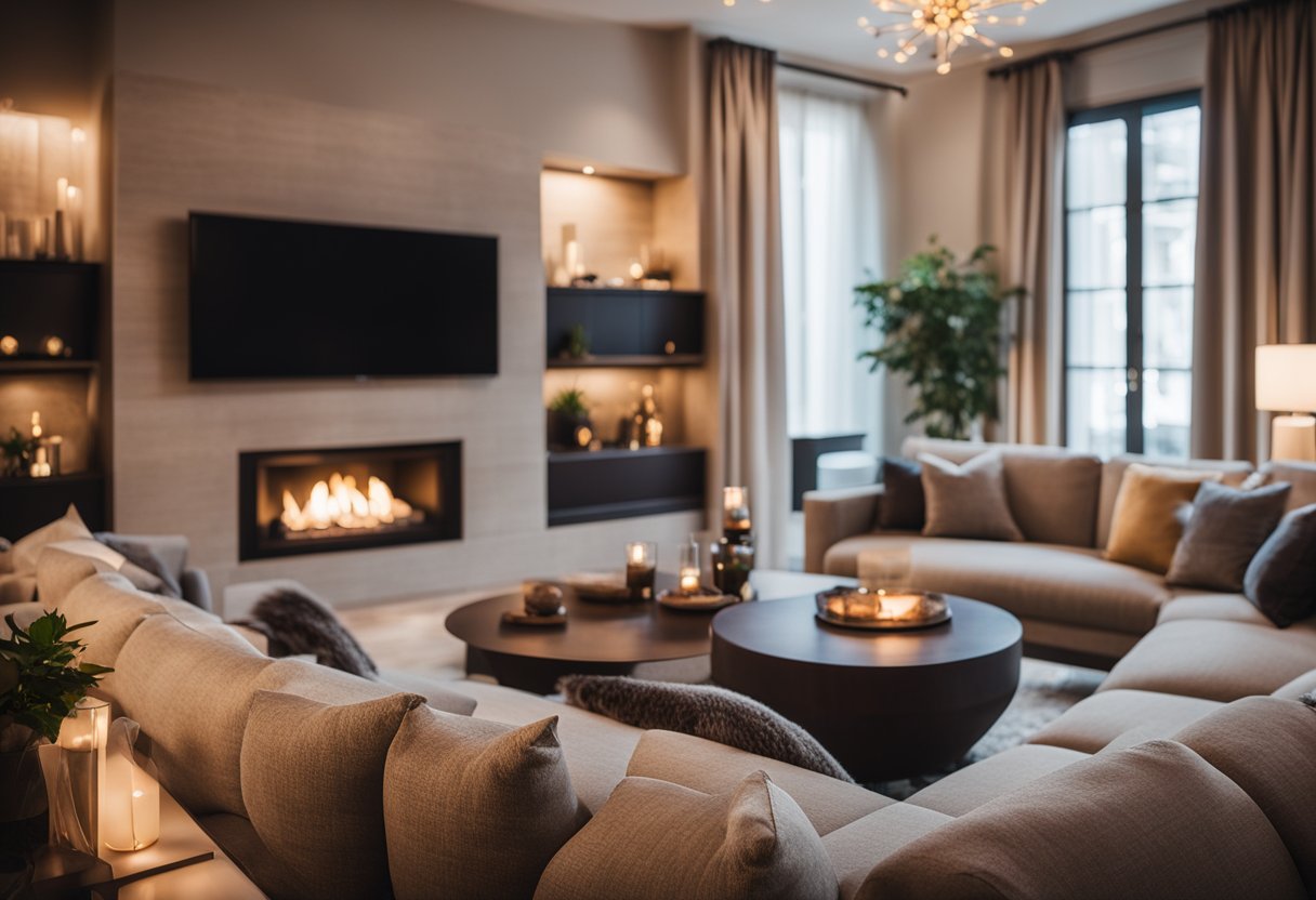 A warm, inviting room with soft lighting, plush furniture, and warm color tones. A crackling fireplace adds to the cozy atmosphere