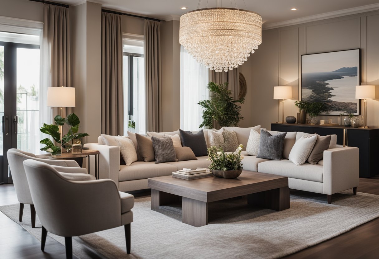 A spacious living room with cozy seating, soft lighting, and a neutral color palette flows seamlessly into a dining area with a large table, stylish chairs, and a statement chandelier
