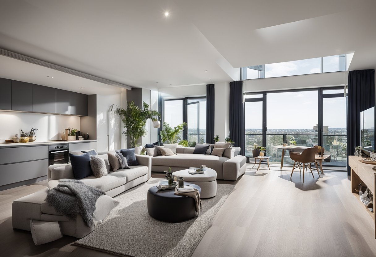 A spacious 4-bedroom flat with open-plan living, modern kitchen, and stylish bathrooms. Large windows flood the rooms with natural light, and a balcony offers stunning views of the surrounding area