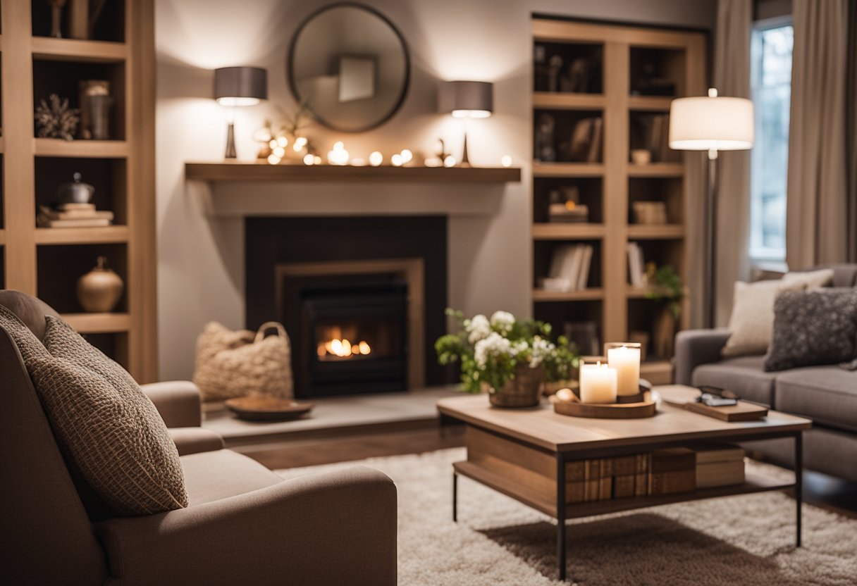 A warm, inviting living room with a crackling fireplace, plush sofas, soft throw blankets, and warm lighting. A cozy rug and bookshelves complete the scene