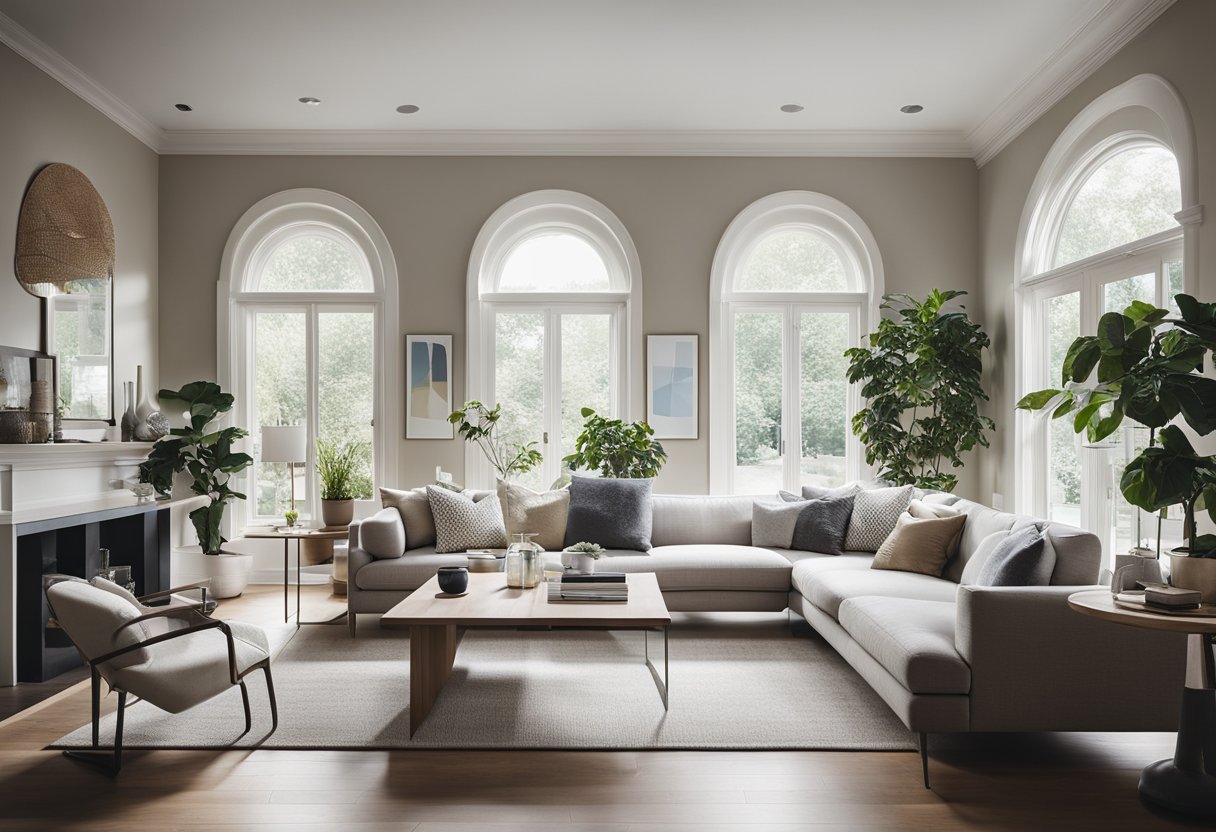 A spacious living and dining room with modern furniture and a neutral color palette, featuring large windows letting in natural light