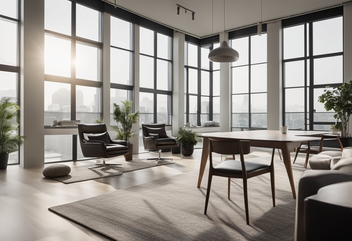 A modern, minimalist studio with clean lines, neutral colors, and natural light pouring in through large windows. The space is well-organized and features sleek, contemporary furniture and fixtures