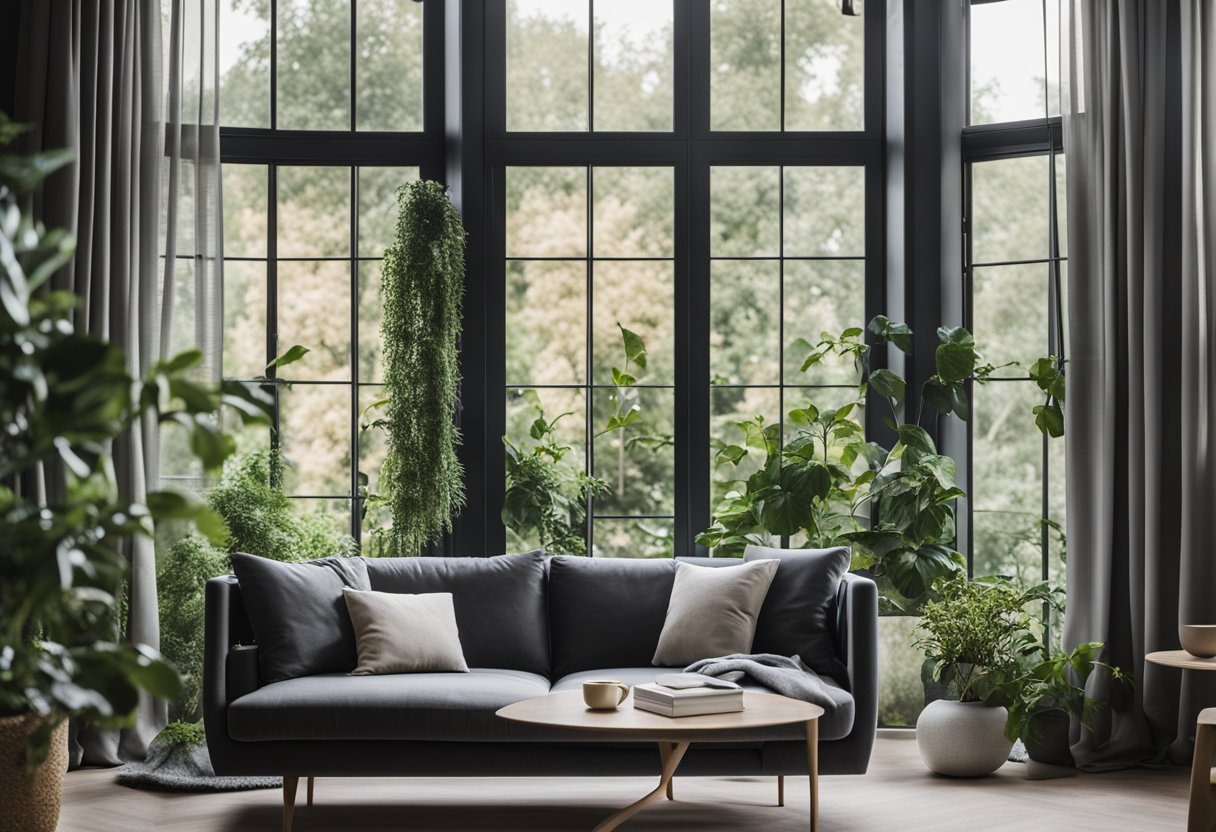 A modern living room with a cozy sofa, a sleek coffee table, and a large window with sheer curtains overlooking a lush garden