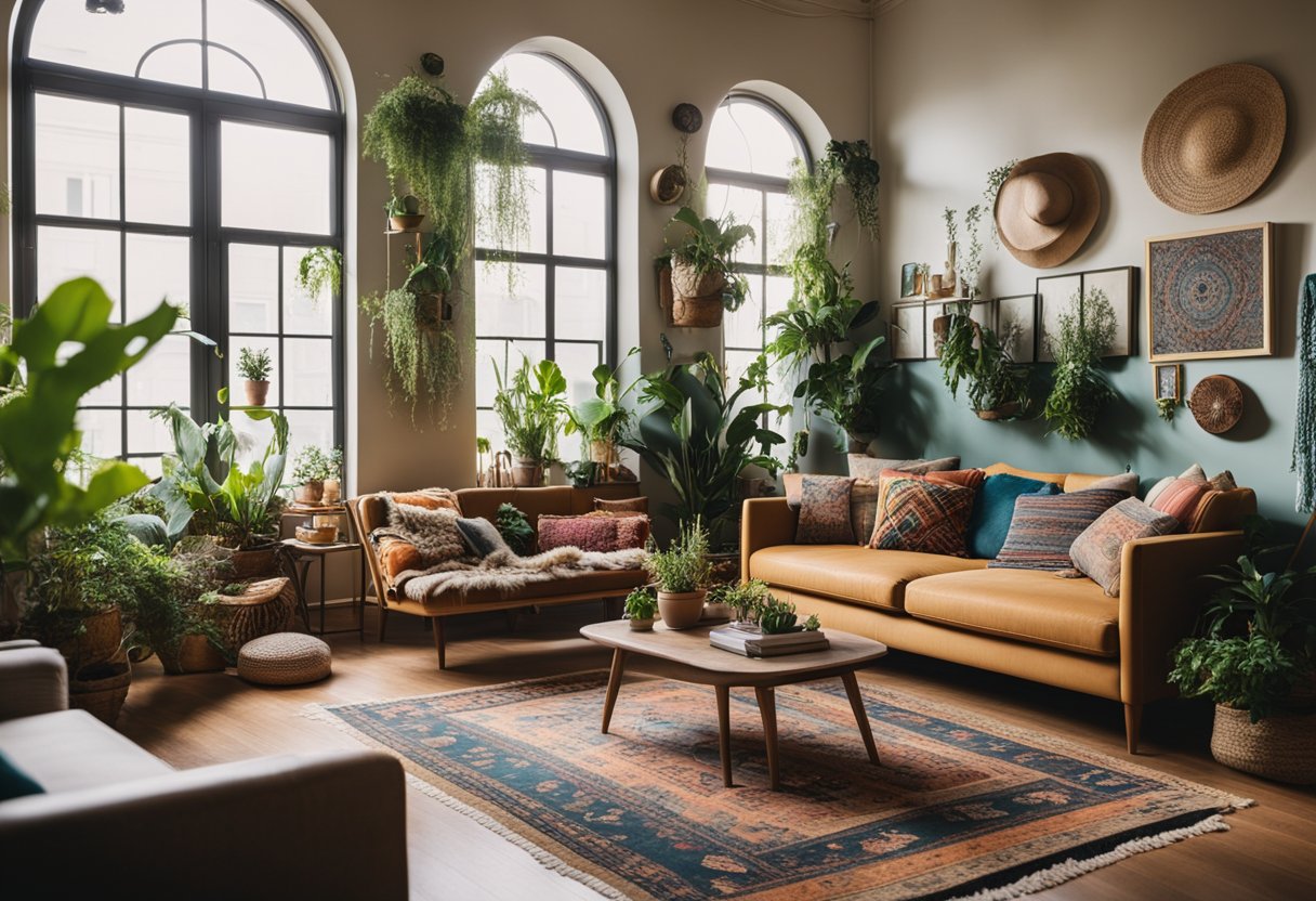 A cozy bohemian living room with mismatched furniture, colorful textiles, hanging plants, and vintage rugs. An assortment of eclectic artwork adorns the walls, and natural light streams in through large windows