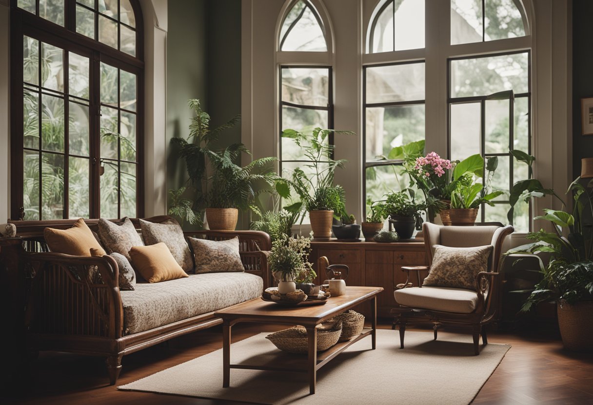 A cozy country-style living room in Singapore with vintage furniture, floral patterns, and warm earthy tones. A large window lets in natural light, highlighting the rustic wooden accents and cozy textiles