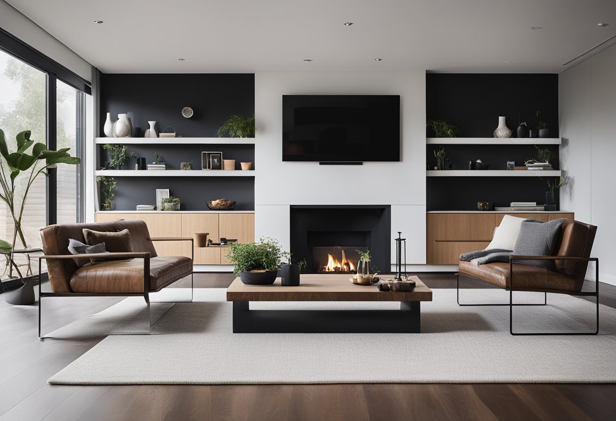 A spacious, modern living room with floor-to-ceiling windows, a cozy fireplace, and minimalist furniture arranged for entertaining