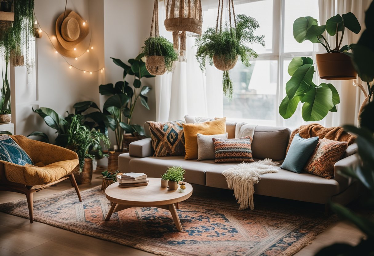 A cozy living room with eclectic furniture, vibrant textiles, and layered rugs. Plants and macramé hang from the ceiling, creating a relaxed and artistic atmosphere