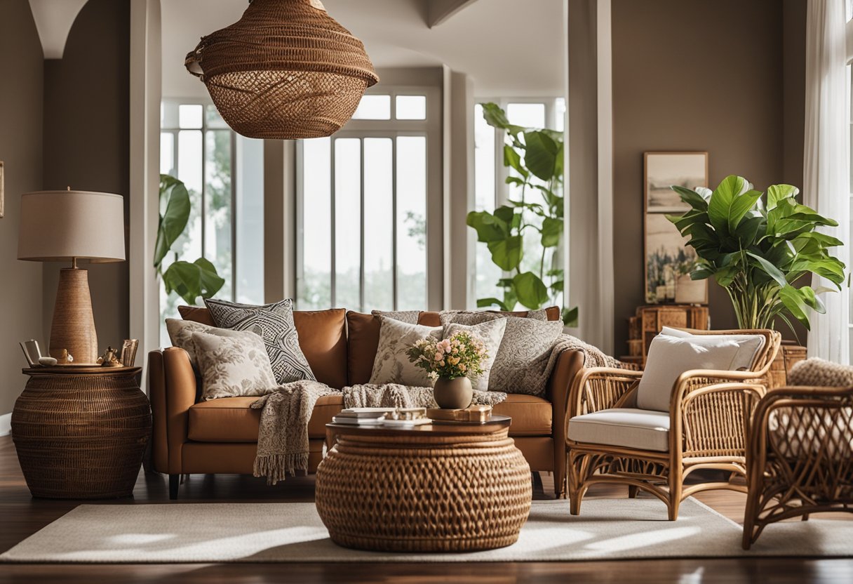A cozy living room with wooden furniture, floral prints, and warm earthy tones, accented with rattan and wicker decor