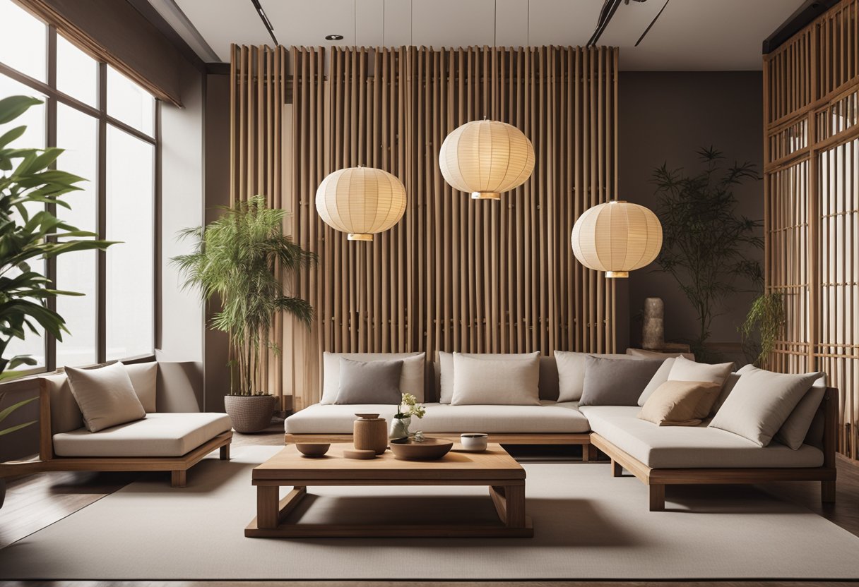 An Asian-style interior with low seating, paper lanterns, bamboo accents, and a minimalist color palette