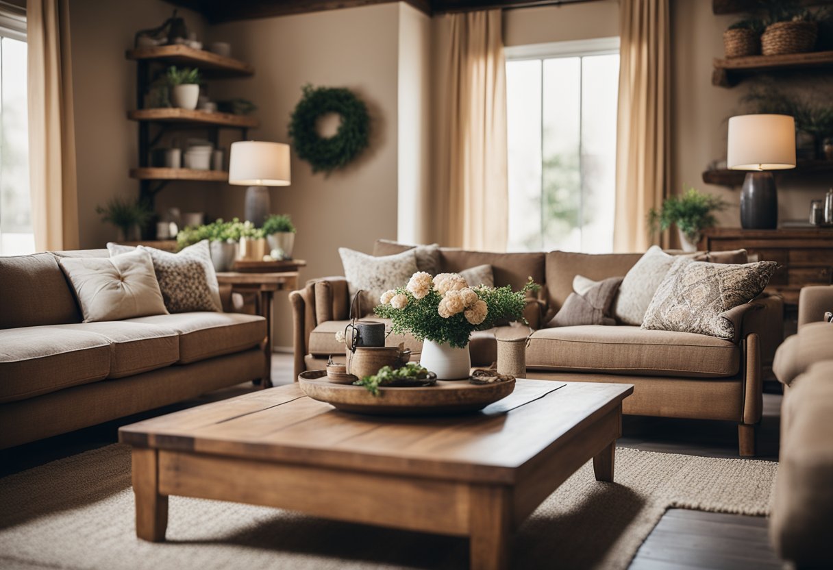 A cozy country-style living room with floral patterned sofas, wooden coffee table, and rustic decor. A warm color palette and natural materials create a welcoming atmosphere