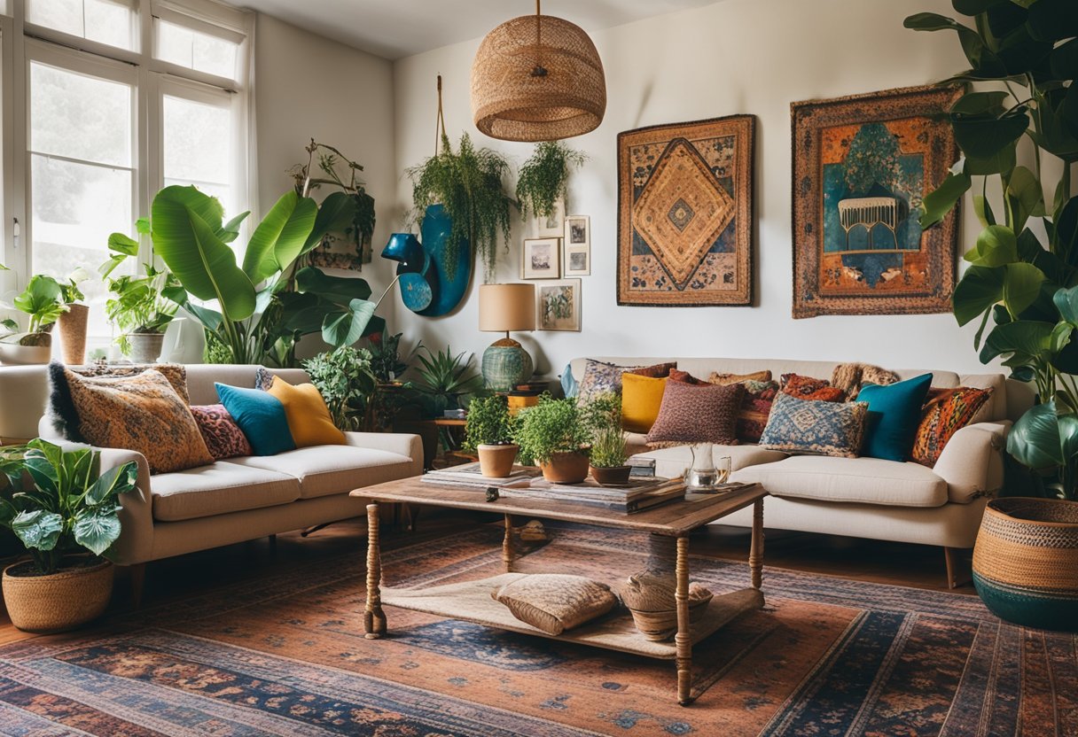 A cozy living room with vibrant, mismatched furniture, layered rugs, and eclectic artwork adorning the walls. A mix of patterns and textures creates a bohemian vibe, with plants and vintage decor adding to the eclectic feel