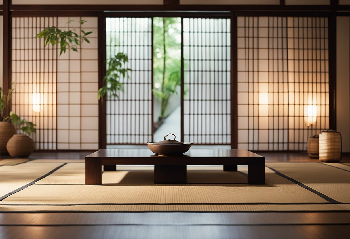 A serene Asian-style interior with low furniture, paper lanterns, and bamboo accents. A shoji screen separates the room, and a tatami mat covers the floor