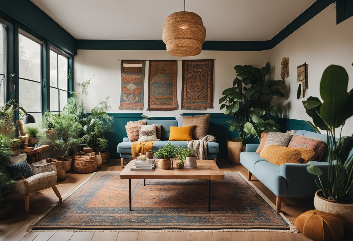A cozy living room with eclectic furniture, colorful textiles, and natural elements. Plants hang from the ceiling, and a vintage rug covers the floor. The space exudes a relaxed and free-spirited vibe