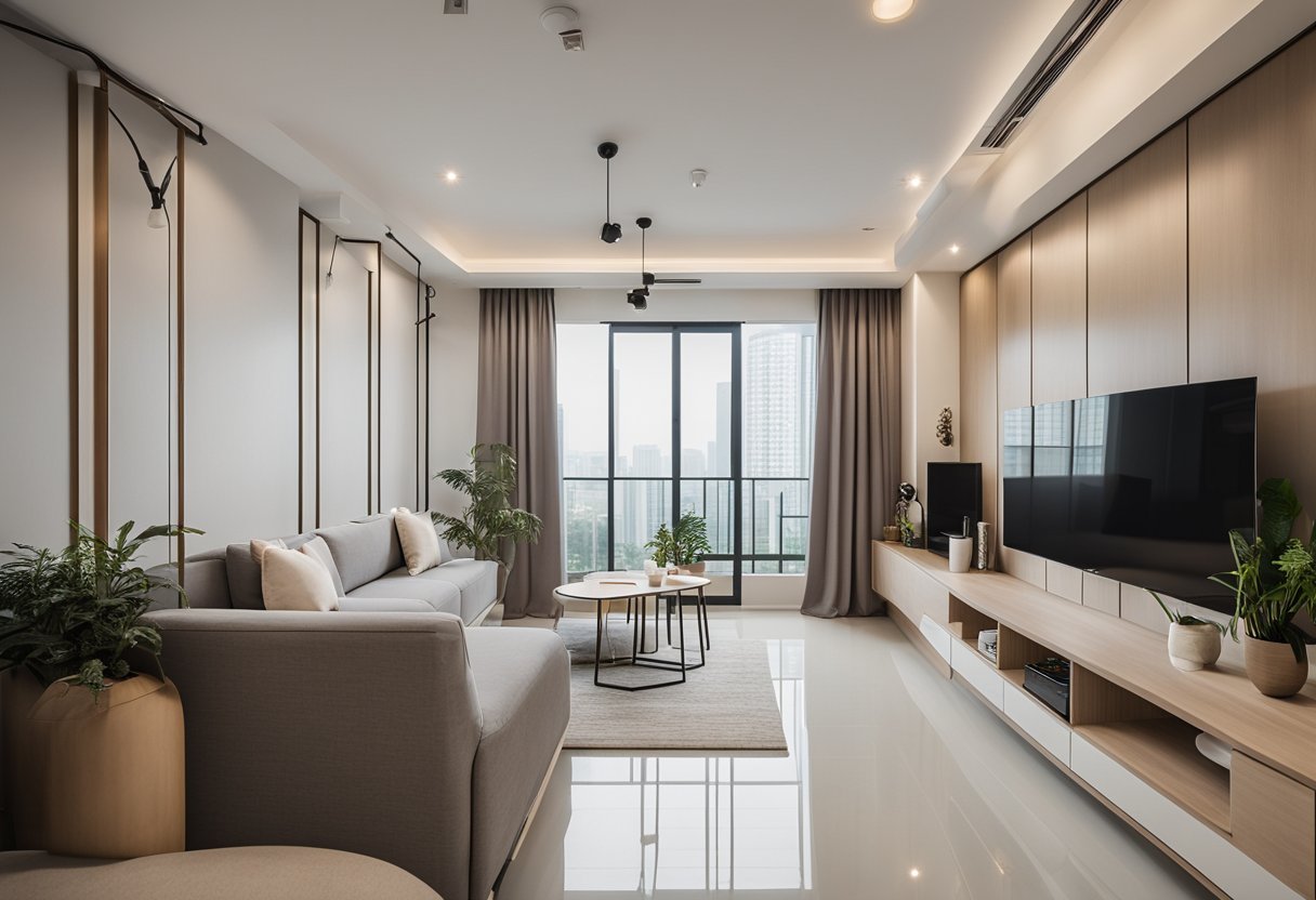 A modern 4-room HDB BTO interior with minimalist furniture, neutral color palette, and natural lighting