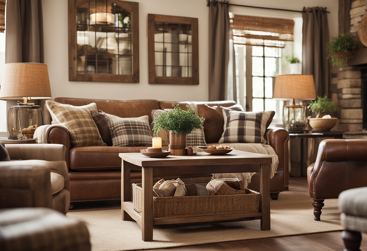 A cozy country-style living room with rustic wooden furniture, plaid upholstery, and vintage decor. Warm earth tones and natural materials create a welcoming atmosphere