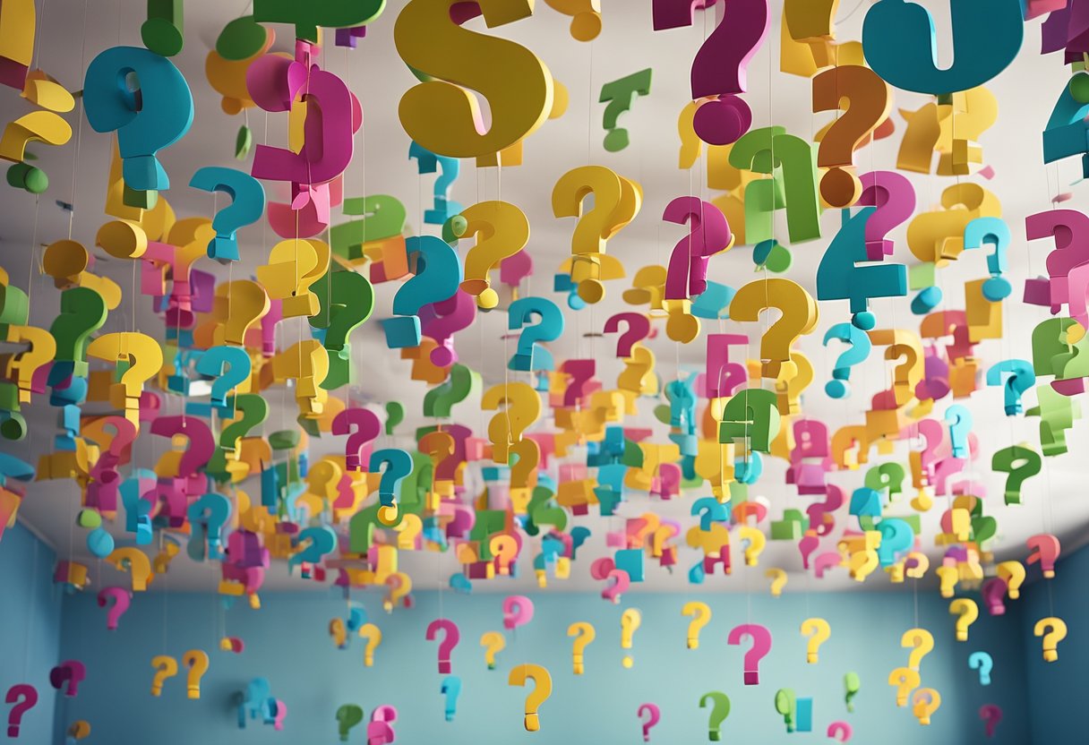 A room filled with colorful, oversized question marks hanging from the ceiling, while a wall displays a collage of commonly asked questions in various languages