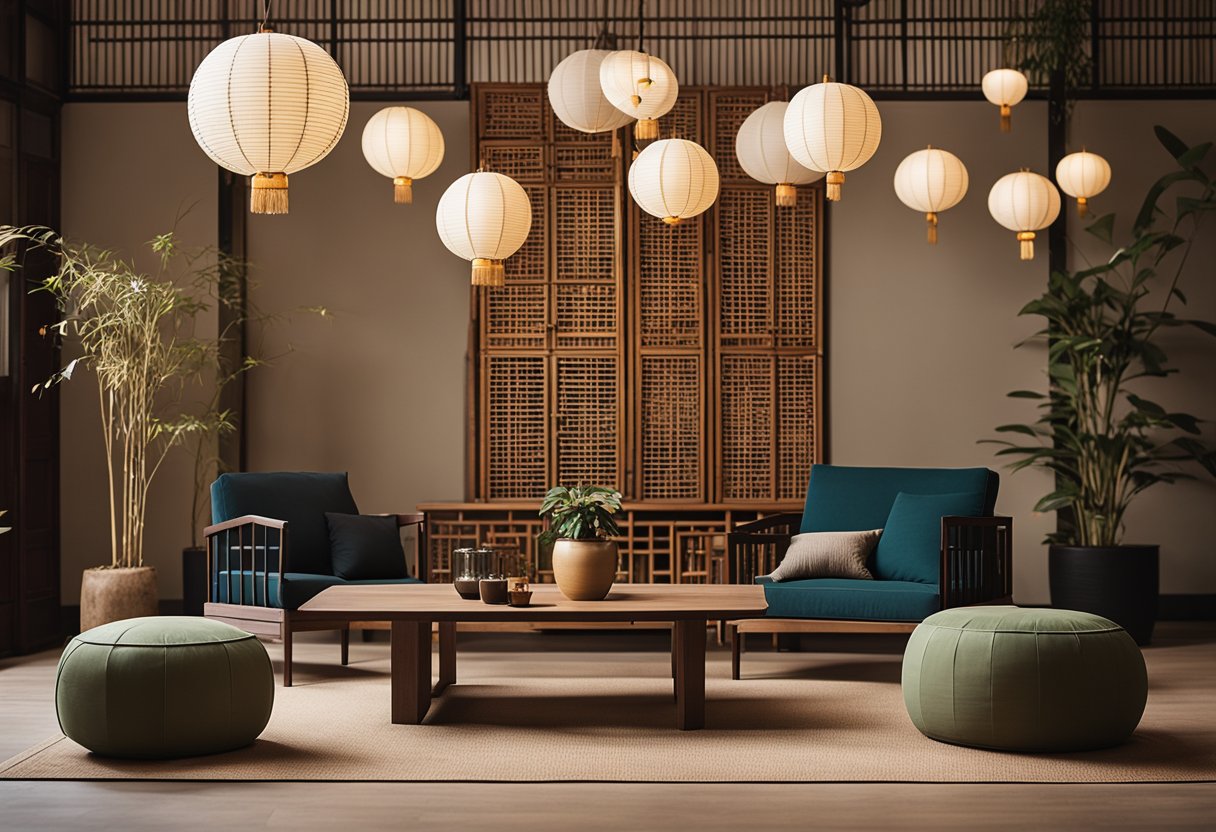 An Asian-inspired space with low furniture, paper lanterns, bamboo accents, and a minimalist color palette