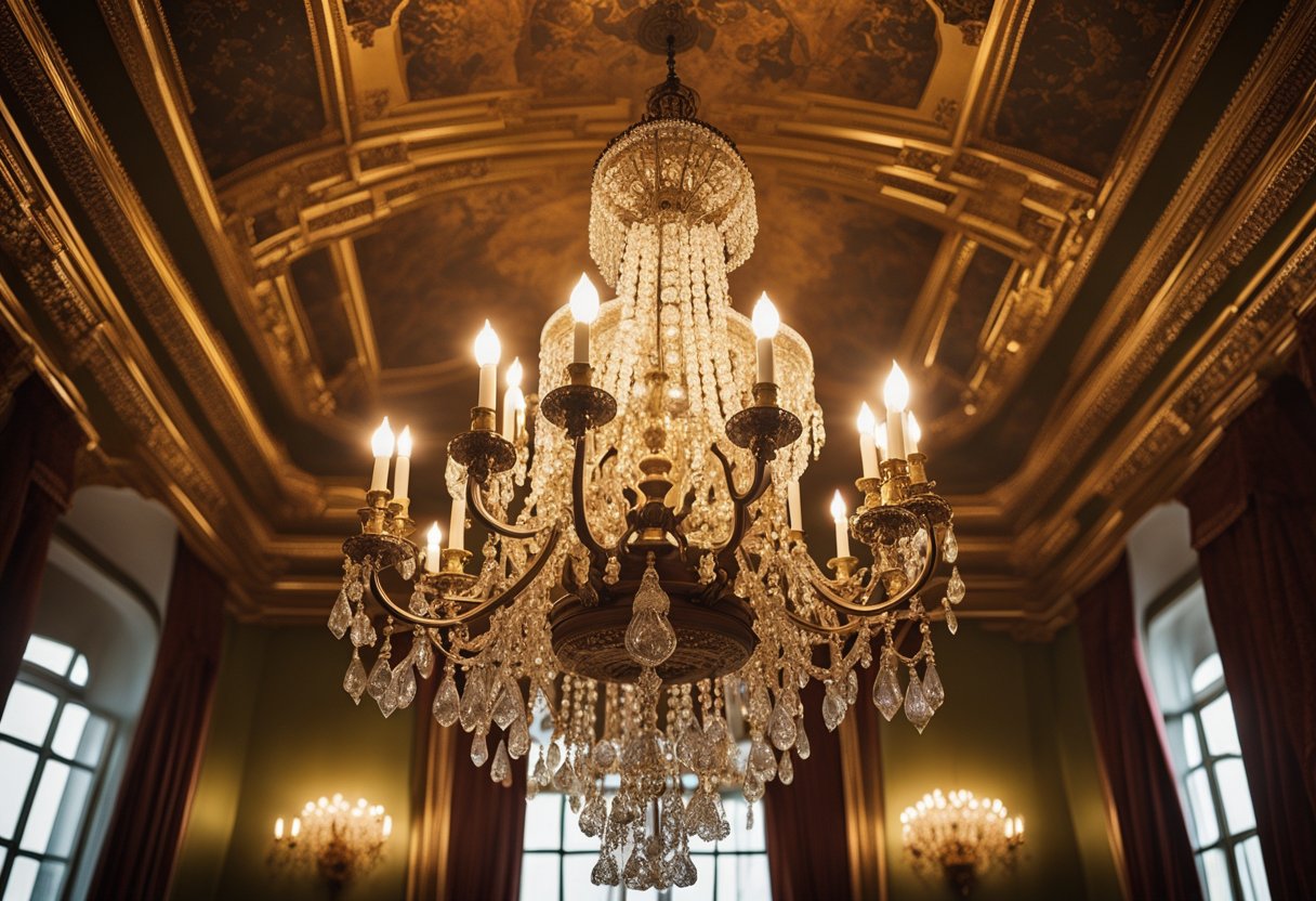 A grand chandelier hangs from a high ceiling, casting a warm glow over ornate furniture and richly patterned wallpaper in a 19th century drawing room