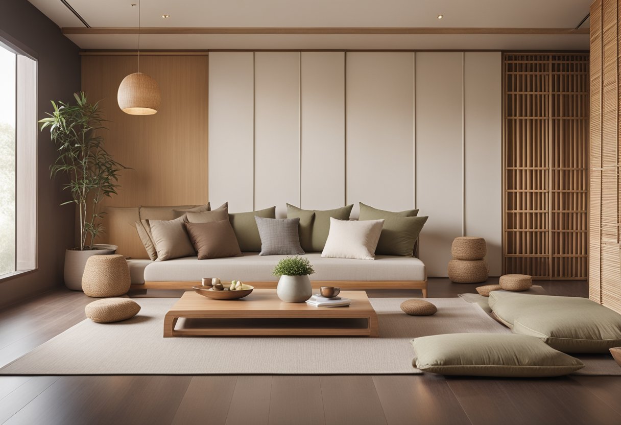 An elegant Asian-style interior with minimalist furniture, paper sliding doors, and bamboo accents. A low table with floor cushions, and a serene color palette of earthy tones