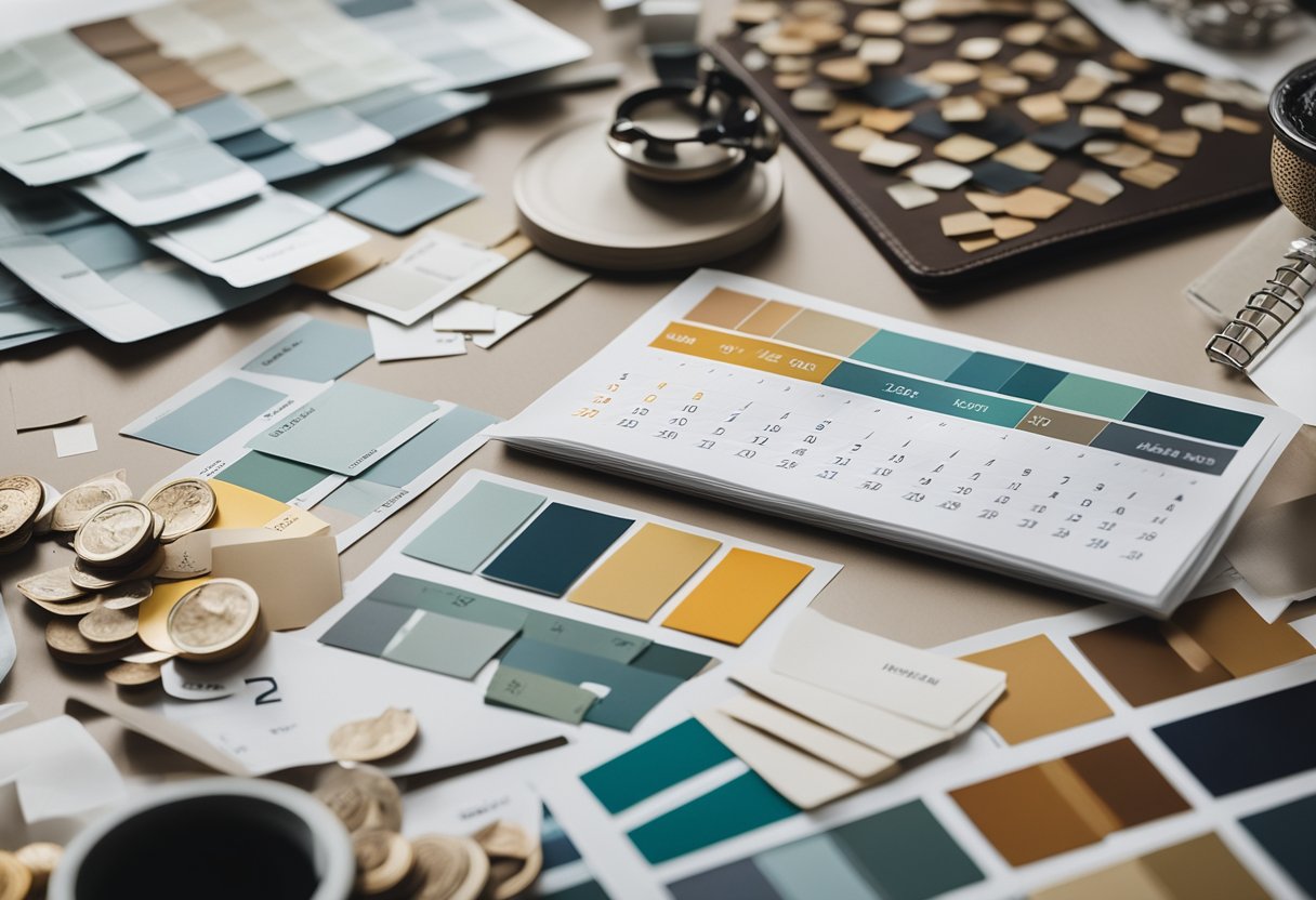 A calendar with dates and tasks, swatches of fabric, paint samples, and furniture measurements scattered on a desk. A mood board with images of inspiration pinned to the wall