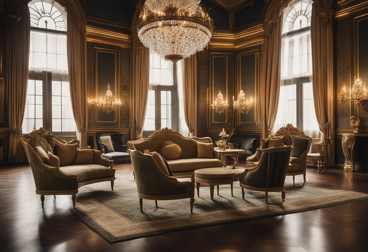 A grand 19th century interior with ornate furniture, intricate wallpaper, and elaborate chandeliers. Rich colors and luxurious fabrics adorn the space